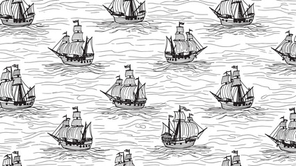 Fleet of historic sailing ships on wavy ocean illustration © GraphicGrove