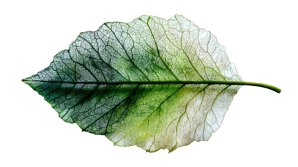 Macro shot of a fresh green leaf with detailed texture and veins isolated on a white background, representing nature, growth, and botanical foliage in a clean spring environment