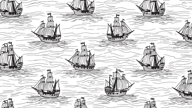 Fleet of historic sailing ships on wavy ocean illustration