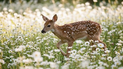 Deer fawn walking through white daisies in green meadow with white spots on brown fur