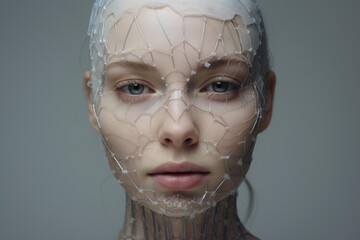 Woman's portrait features a transparent grid structure representing advanced technology or ai