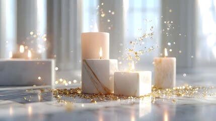 Four elegant candles some marble effect and some plain emit flickering flames amidst scattered golden glitter and bokeh lights on a polished marble surface evoking a festive and luxurious ambiance