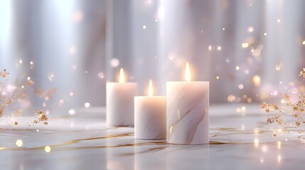 Three elegant white marbled candles glow warmly on a luxurious marble surface surrounded by golden sparkles and soft bokeh lights creating a serene festive and elegant ambiance