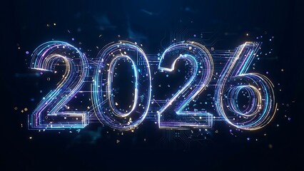 Glowing blue and purple neon 2026 with circuit board pattern and confetti on dark background