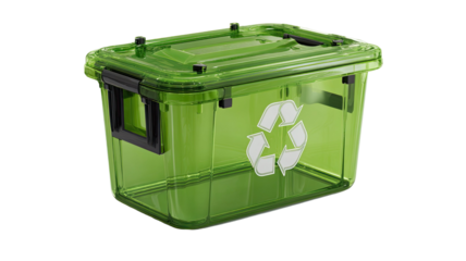 3D isolated green plastic recycle bin and storage container for waste and battery recycling garbage