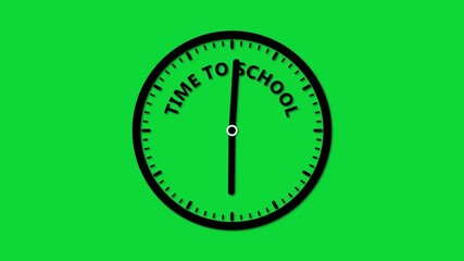 A black clock face displaying the words Time To School around the dial on a green background Keywords: clock, time, school, education, learning, students, children, back to school, academic
