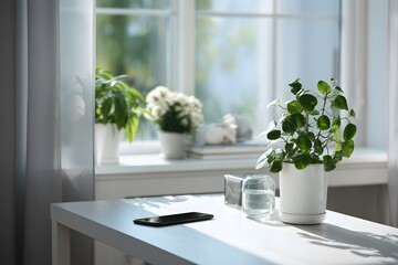 Bright indoor space with plants and phone cozy environment natural light serene viewpoint