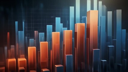 A data visualization features stylized, 3D columnar bars in shades of orange and blue, creating a dynamic, abstract cityscape - Powered by Adobe