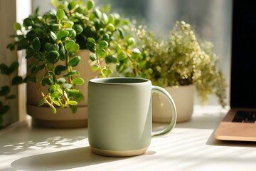 Morning coffee ritual cozy workspace still life sunlit environment calm atmosphere
