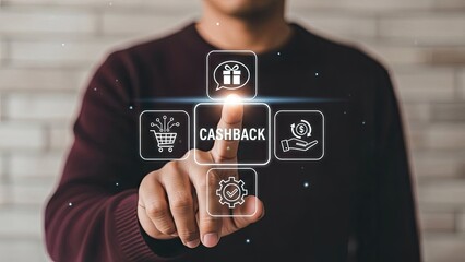 Man interacting with cashback technology interface on touchscreen