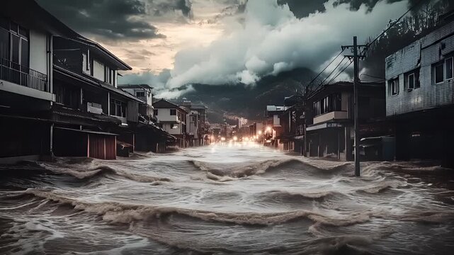 Natural disaster. Devastating loss aftermath scene. Aerial view of a coastal town during a torrential downpour during what appears to be the aftermath of a recent storm.