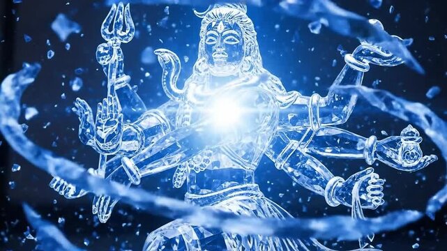 Glowing blue divine multi-armed deity illustration emitting cosmic energy.