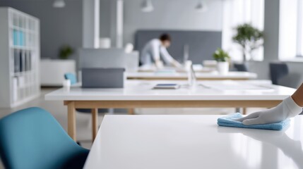 Office desk cleaning with a gloved hand and microfiber cloth. Disinfection, sanitizing, hygiene, workplace safety and facility maintenance service. Corporate janitorial contract, compliance checklist
