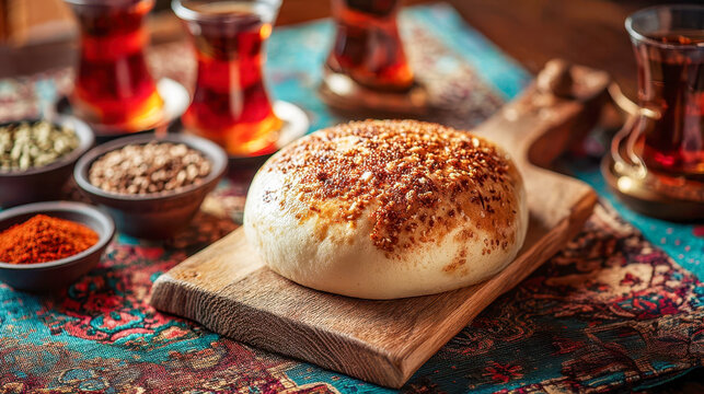 The Golden Khobz ritual, freshly baked bread on a rustic board with spiced tea and warm oriental fabrics