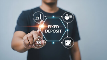Man interacting with fixed deposit financial concept on screen