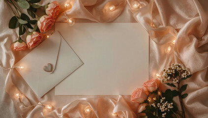 Romantic Blank Card with Envelope, Roses, and Warm Fairy Lights on Soft Fabric Background