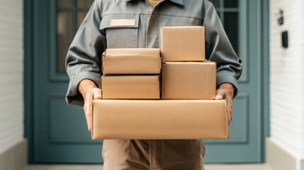 Reliable home delivery, the courier keeps several parcels at the door of a residential building