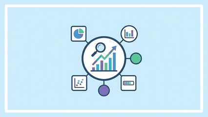 Infographic with magnifying glass over colorful bar graph and various charts graphs