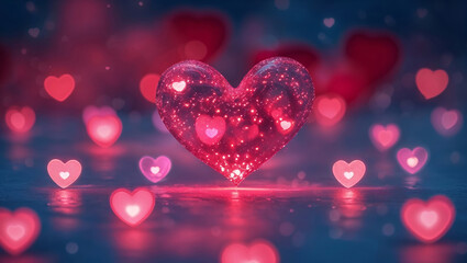 Glowing Pink Heart with Sparkling Light and Romantic Bokeh Background