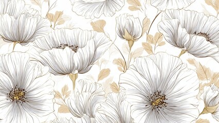 Elegant seamless floral pattern of hand-drawn white blossoms and beige leaves. Luxury sketch line art background for wallpaper, fabric, and wedding invitations.