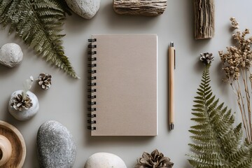 Cozy home office flat lay aesthetic creative writing space with natural elements