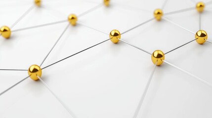 A network of thin white lines and gold spheres.