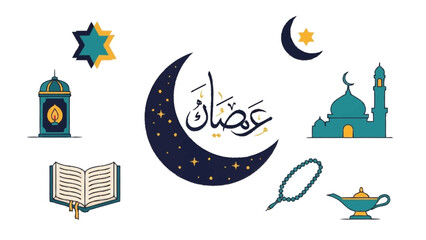 Islamic Ramadan Themed Flat With Moon Mosque Lantern Book Beads Crescent