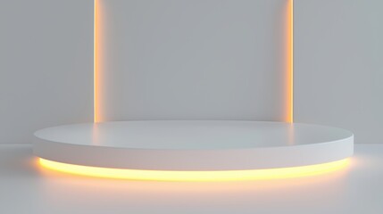 A white platform with a glowing orange border sits in the center of a white room.