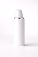 Premium airless pump bottle, matte white cosmetic packaging, minimalist luxury style