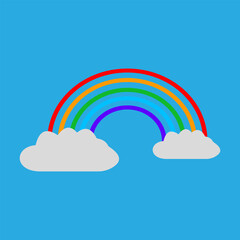 rainbow and clouds icon. A rainbow with multiple colors arches over two fluffy clouds against a bright blue sky. Vector illustration
