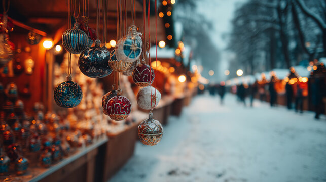 Christmas in Quebec City, Festive Christmas Market Decorations in Quebec City with Snowy Street, Ornaments, Lights and Winter Holiday Ambience