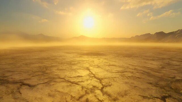 Drought natural disaster. A digital rendering of a desert landscape during sunset. The sun is setting behind a mountain range, casting a golden hue over the scene. The ground is cracked and barren.