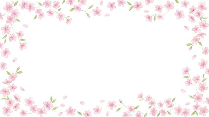 Pink cherry blossoms border on white background with green leaves flowers