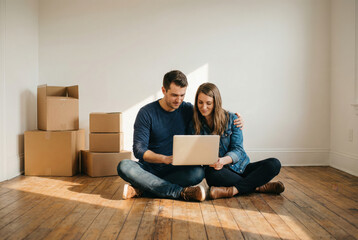 Young couple sitting on wooden floor in empty room, surrounded by cardboard boxes, engaged in joyful moment while using laptop, symbolizing new beginnings and shared experiences