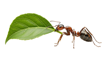 Reddish-brown ant carrying a large green leaf isolated PNG with Transparent Background