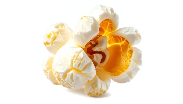 Close-up of a single fluffy popcorn kernel with bright yellow interior