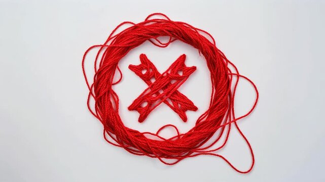 A red thread circle frames a cross-like design made of the same yarn, set against a plain white backdrop. A minimalistic composition