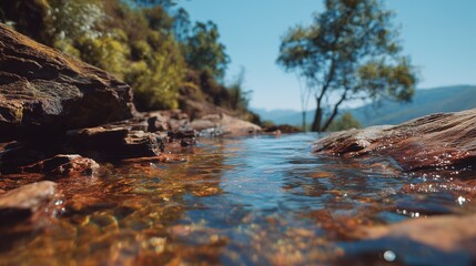 Fototapeta premium The clear water flows gently over smooth, colorful rocks, surrounded by lush greenery and distant hills. This tranquil scene showcases the serene beauty of nature and its harmoniou