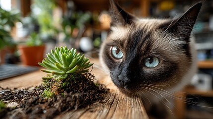 Siamese cat with blue eyes next to a small green succulent plant on a wooden table indoors black nose