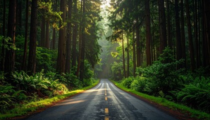 Fototapeta premium Scenic road through a lush green forest with tall trees.