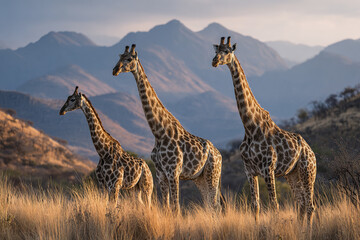 Fototapeta premium African giraffe savannah wildlife grassland mountain nature animal tall wild mammal three standing sunset golden dry landscape herbivore spotted long neck outdoor natural environment safari brown