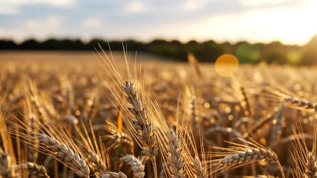 Golden wheat field gently swaying in the sunlight during a warm summer sunset in the countryside