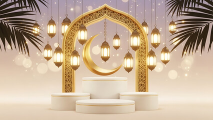 Fototapeta premium Elegant gold archway with crescent moon and lanterns for Ramadan