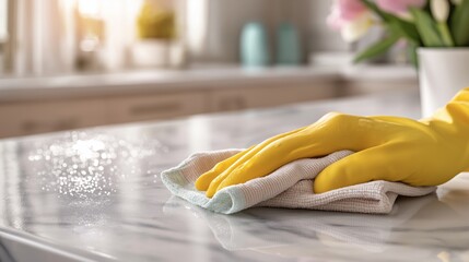 Gloved hands wipe stone countertop with microfiber cloth. Domestic cleaning and surface sanitation action shown. Household hygiene and professional cleaning services concept