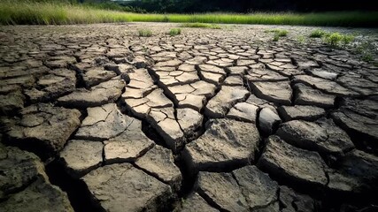 Drought natural disaster. Aerial view of a dry, cracked ground with grass growing in it, set against a backdrop of a forested area and a body of water.