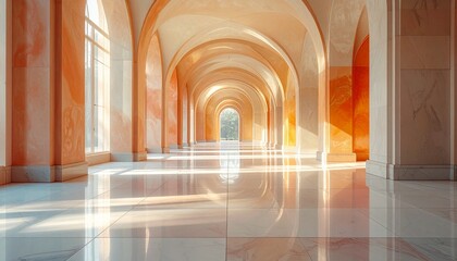 Elegant architectural corridor with arches and light, creating a serene atmosphere.