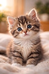 Close-up portrait of an adorable fluffy tabby kitten with bright blue eyes resting on a soft blanket in warm natural light. The image conveys innocence, comfort, and companionship, perfect for pet.