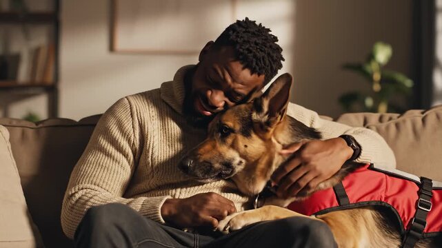 African American Man Hugging His German Shepherd Dog on Sofa