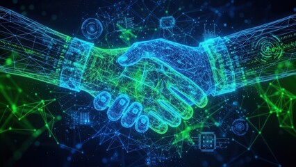 Technology driven business alliance shown through wireframe handshake