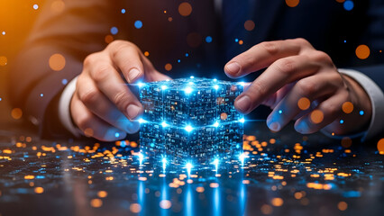 Hands manipulating glowing blue digital cube symbolizing advanced technology and data structure